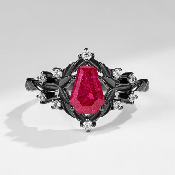Crimson Veil Coffin Cut Ruby Black Gold Dramatic Engagement Ring