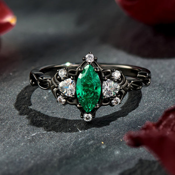 Emerald Frost Marquise Cut Emerald Black Gold Dramatic Engagement Ring