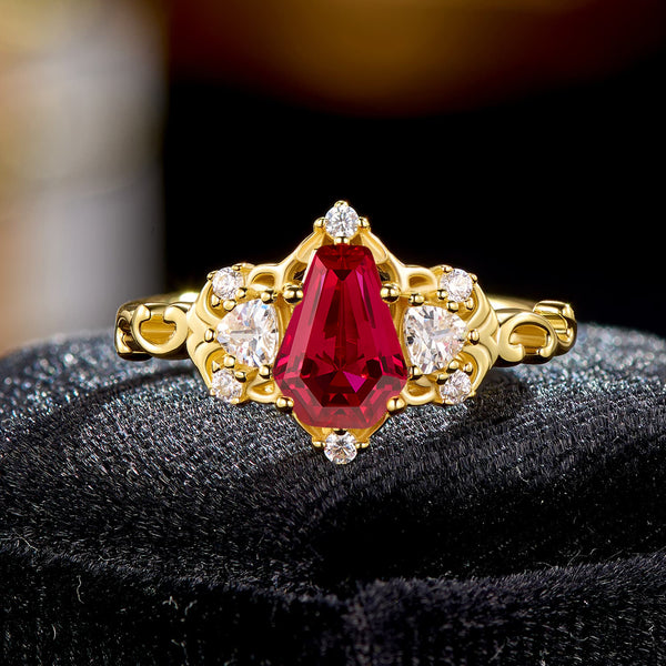 Crimson Sovereign Coffin Cut Ruby Gold Gothic Dark Romance Statement Engagement Ring