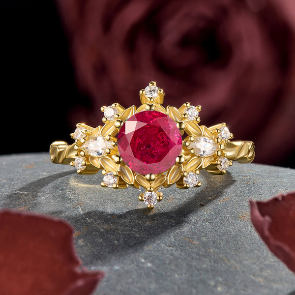 Imperial Flame Frost Crushed Ice Round Cut Ruby Yellow Gold Gothic Vintage Statement Engagement Ring