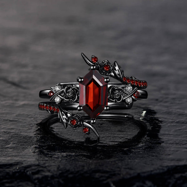 Gothic Long Hexagon Garnet ‘Thorns & Roses’ Black Gold Engagement Ring Set