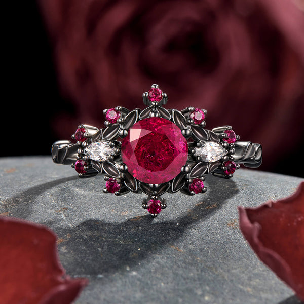 Crimson Frost Crushed Ice Round Cut Ruby Black Gold Gothic Statement Engagement Ring