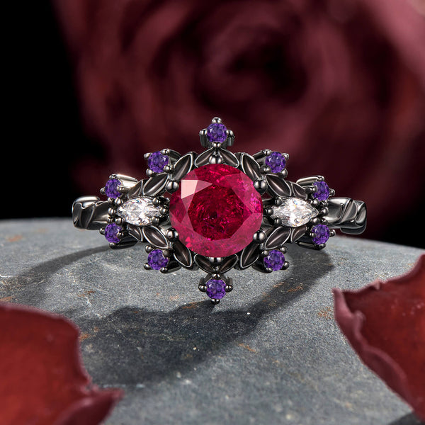Crimson Frost Crushed Ice Round Cut Ruby with Amethyst & Moissanite Black Gold Gothic Statement Engagement Ring