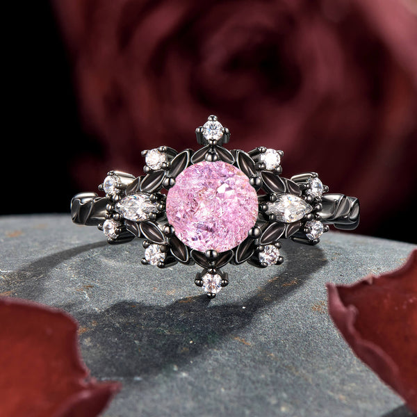 Blushing Aurora Crushed Ice Round Pink Sapphire Black Gold Gothic Statement Ring