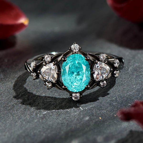 Vivid Oval Cut Paraiba Tourmaline Black Gold Modern Statement Engagement Ring