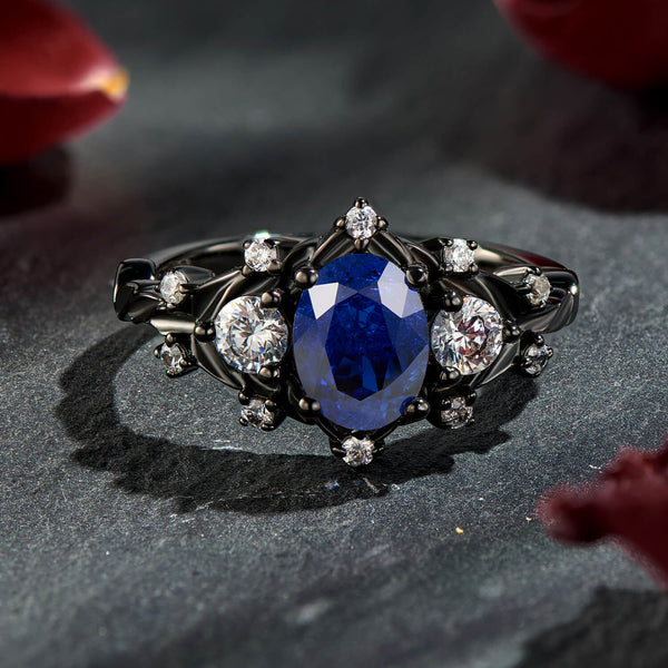 Regal Oval Cut Blue Sapphire Black Gold Engagement Ring