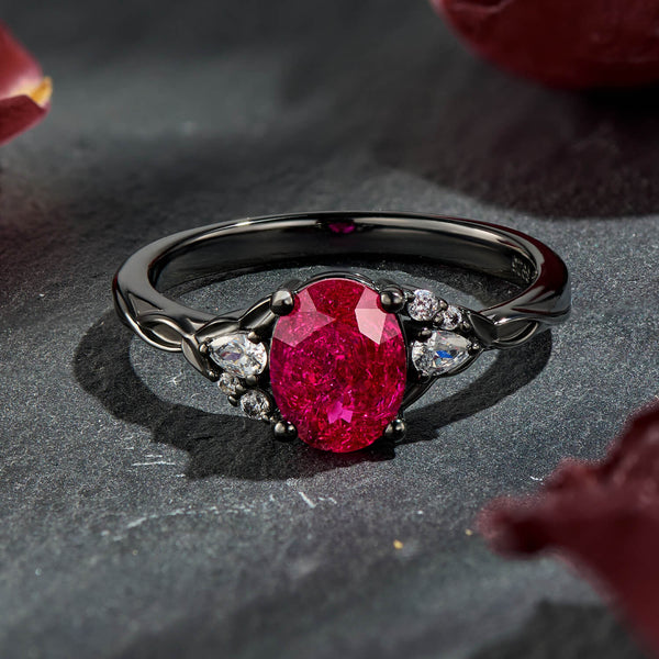 Crimson Nocturne Oval Cut Ruby Black Gold Engagement Ring