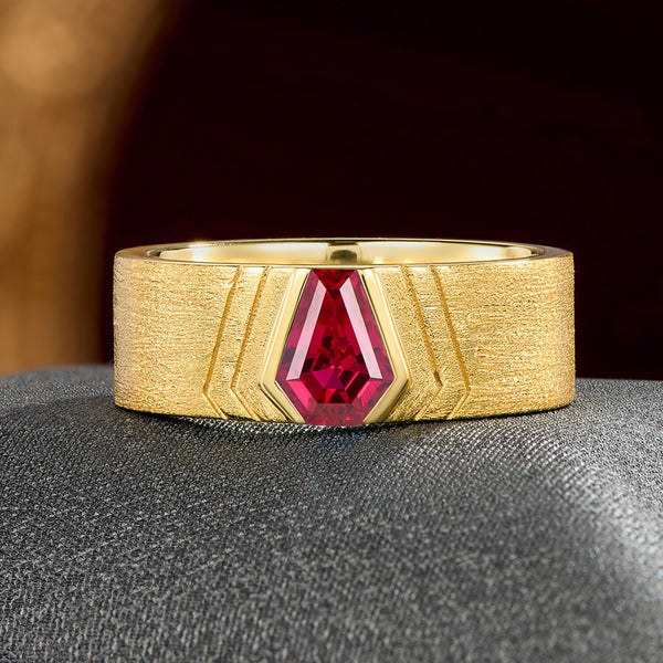Fiery Elegance Coffin Cut Ruby Gold “Gothic Luxe” Men’s Wedding Band