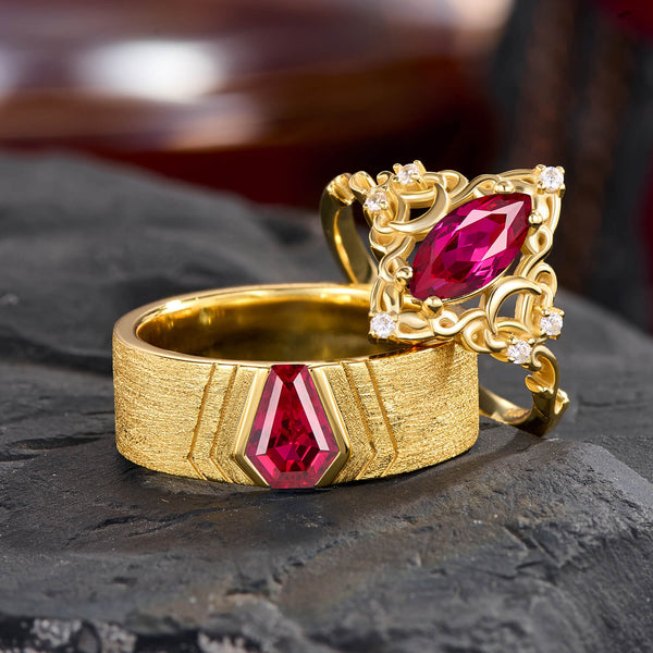 Velvet Crown Coffin & Marquise Cut Ruby Gold Couple Rings Gothic Elegant Wedding Engagement Set