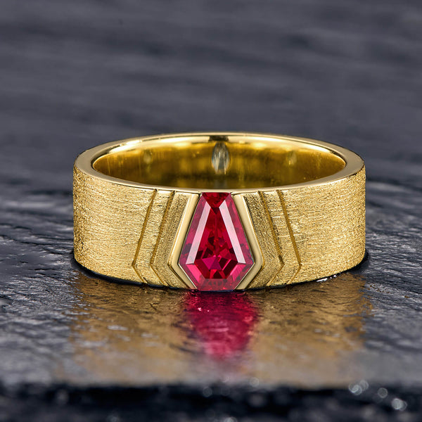 Fiery Elegance Coffin Cut Ruby Gold “Gothic Luxe” Men’s Wedding Band