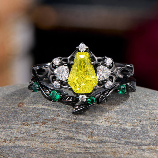 Sunlit Radiant Coffin Cut Yellow Sapphire Floral Gothic Bridal Ring Set