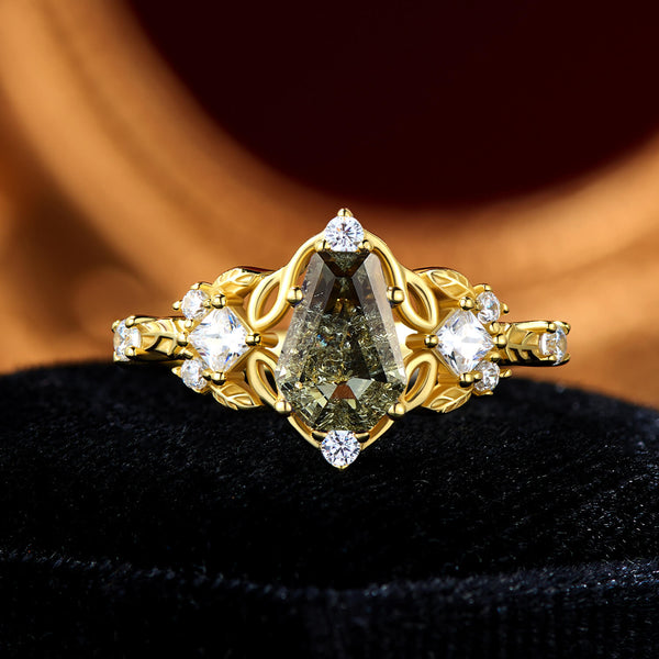 Lagoon Ember Frost Crushed Ice Coffin Cut Tourmaline Green Sapphire Yellow Gold Gothic Dark Romance Statement Engagement Ring