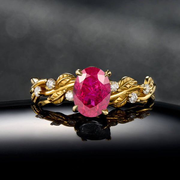 Radiant Ember Oval Cut Ruby Ring in Gold Branch Style Elegant Statement Engagement Ring