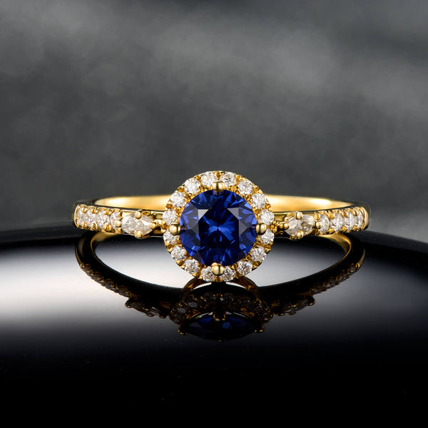 Radiant Round Cut Sapphire Ring in Gold Halo Style Elegant Statement Engagement Ring