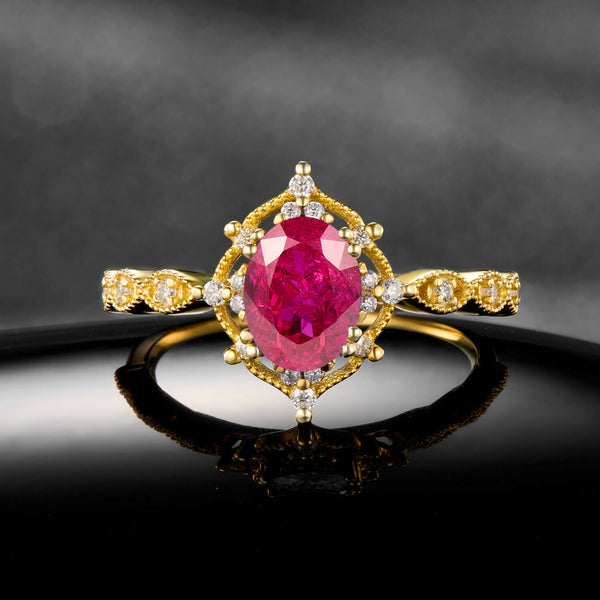 Intense Flame Oval Cut Ruby Ring in Gold Luxurious Statement Engagement Ring
