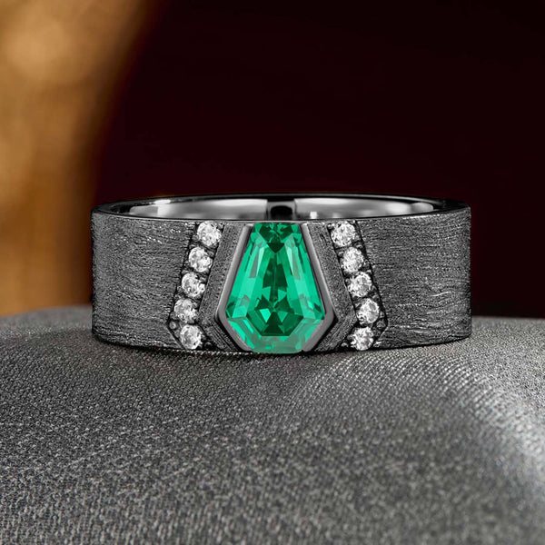 Nocturnal Sculpted Regal Coffin Cut Emerald Black Gold “Gothic Luxe” Men’s Wedding Band