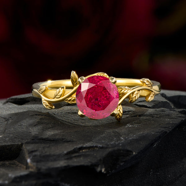 Fiery Crystalline Round Cut Ruby Yellow Gold Vine Engagement Ring