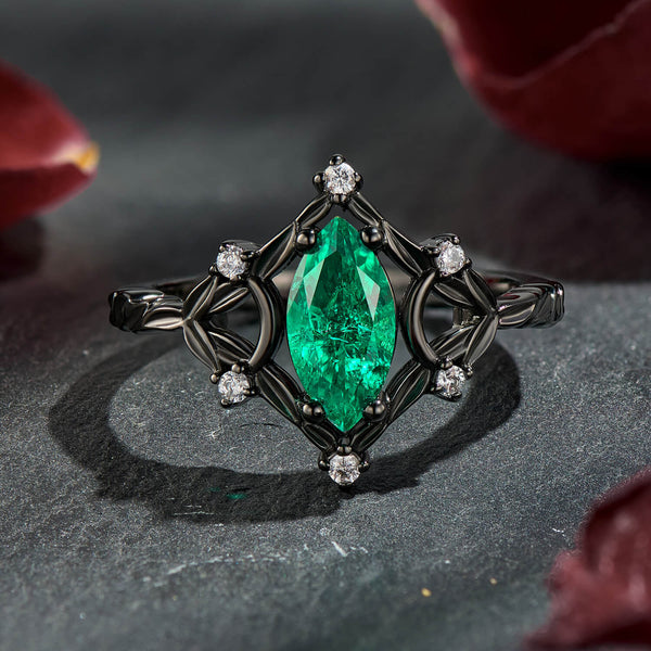 Nocturne Verdancy Marquise Cut Emerald Ice Ring in Black Gold Luxury Statement Engagement Ring