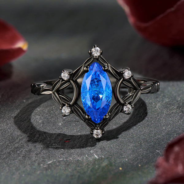 Starlit Velvety Marquise Cut Crushed Ice Sapphire Black Gold Luxury Statement Engagement Ring