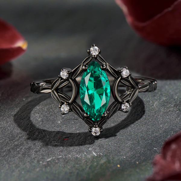 Verdant Majestic Marquise Cut Emerald Black Gold Luxury Statement Engagement Ring