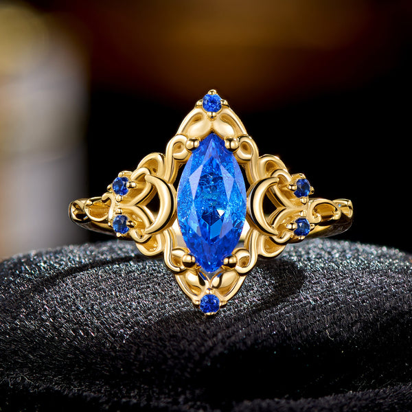 Azure Harmony Radiant Marquise Cut Sapphire Yellow Gold Gothic Sculptural Statement Engagement Ring