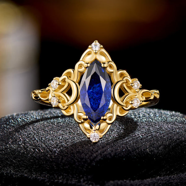 Royal Azure Majesty Marquise Cut Royal Blue Sapphire Yellow Gold Gothic Sculptural Statement Engagement Ring
