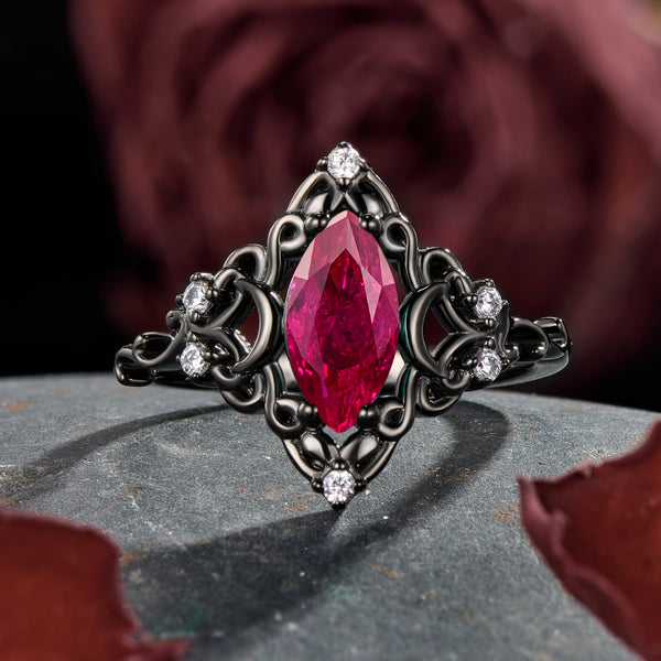 Midnight Ember Nocturnal Radiance Marquise Cut Ruby Black Gold Gothic Sculptural Statement Engagement Ring